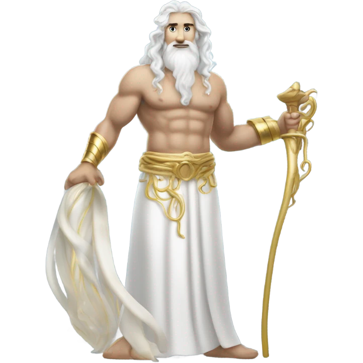 white man Poseidon. long white hair white dress. with gold hoses emoji