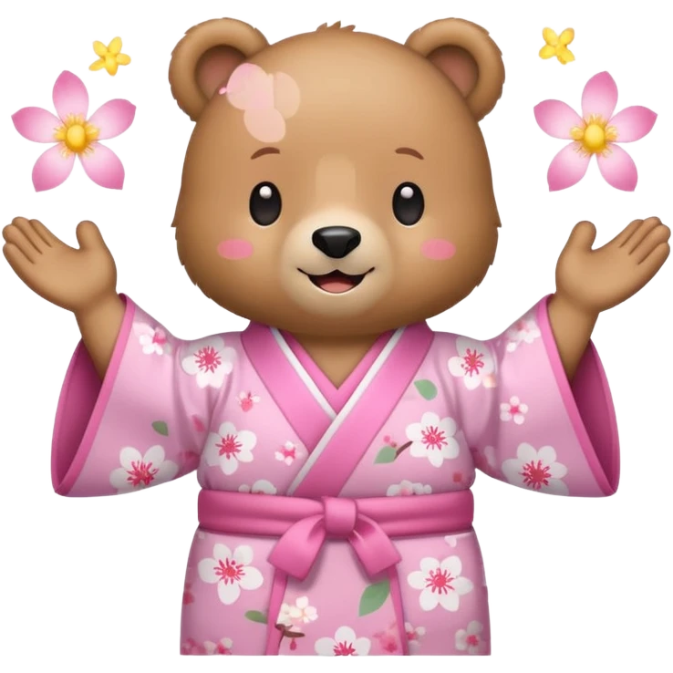 A cute light-brown bear wearing a pastel pink sakura-patterned kimono, normal balanced body ratio.  
Clapping hands cheerfully with a big bright smile and small spark effects around.  
Kawaii emoji style, minimalistic clean sticker illustration, white background.
 emoji