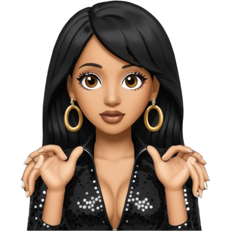 Cardi B with long jet black hair, black sequin outfit emoji