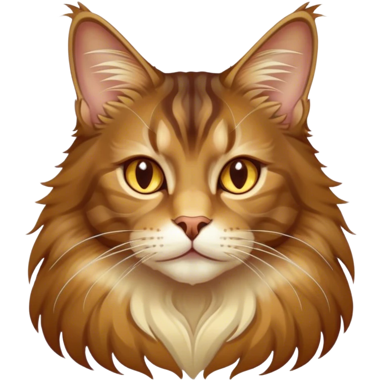 Cinematic Maine Coon Cat Portrait Emoji, Elegant and alert, sleek brown, gold, and cream tones, Simplified yet sharp features, highly detailed, glowing with a warm, confident glow, high shine, intelligent and poised, stylized with an air of grace, focused and attentive, soft glowing outline, capturing the essence of strength and grace, so lifelike it feels as though it could spring into motion with its majestic tail swishing at any moment! emoji