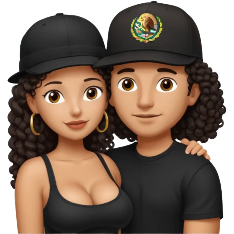 A picture of an embracing tanned couple. the man is a Mexican man with tanned skin, with a bald hair cut wearing a SnapBack hat and a black shirt. the woman is shorter, with long curly dark brown hair and with big boobs   emoji