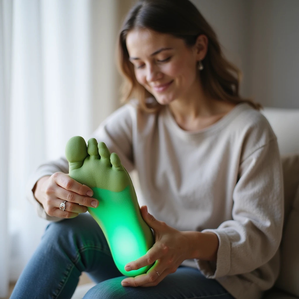 realistic style woman sitting relaxed, smiling while touching foot with orthopedic insole, foot with bright green effect indicating wellness, light background emoji