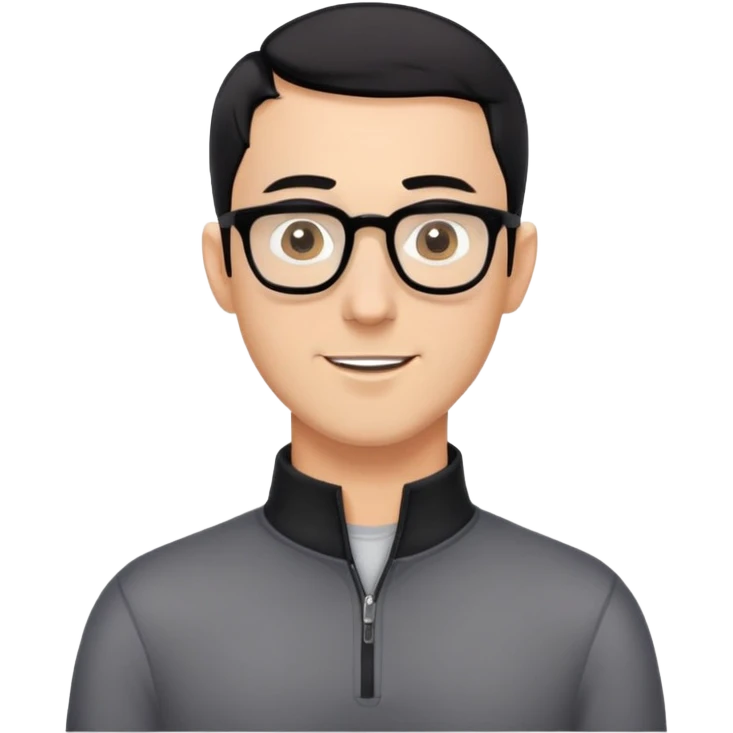 Caucasian man with black hair cut extremely short (almost buzz cut), short beard with gray streaks, large black eyeglasses, cheerful expression, black long sleeve shirt with quarter zip collar emoji