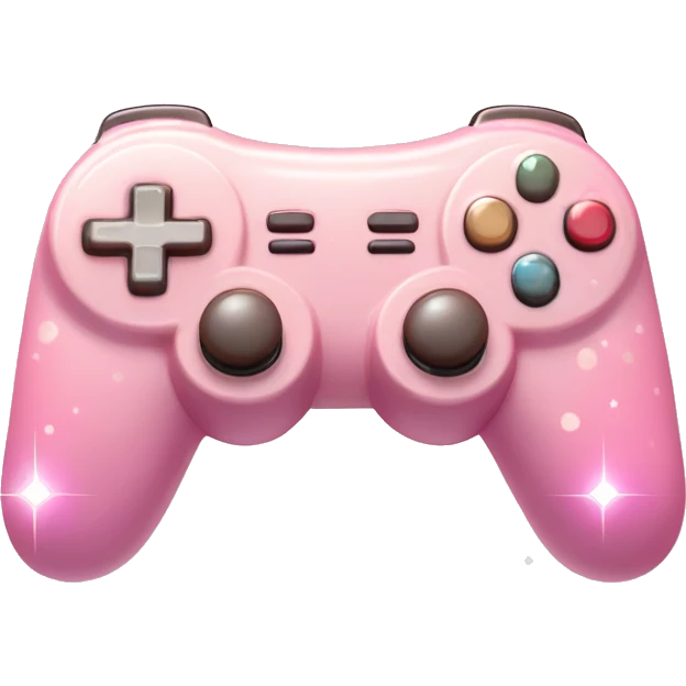 Game Controller Emoji "A pastel pink gaming controller with glossy buttons, glowing joysticks, and tiny sparkles floating around, emitting a soft magical aura." emoji