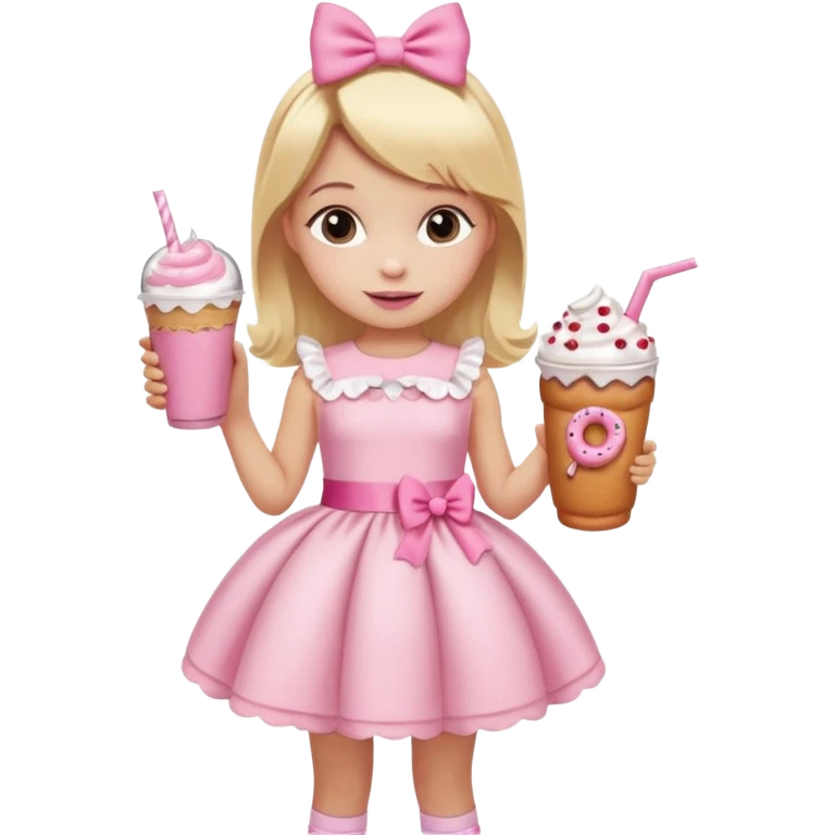 A little girl with a Dunkin' milkshake and a donut with pink frosting and marshmallows, wearing a pink coquette-style dress with bows and blonde hair. emoji