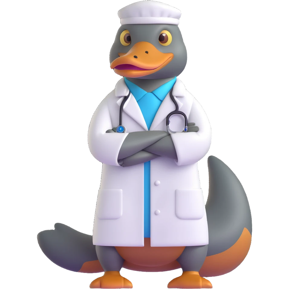 cartoon platypus in a white lab coat, arms crossed, confident emoji
