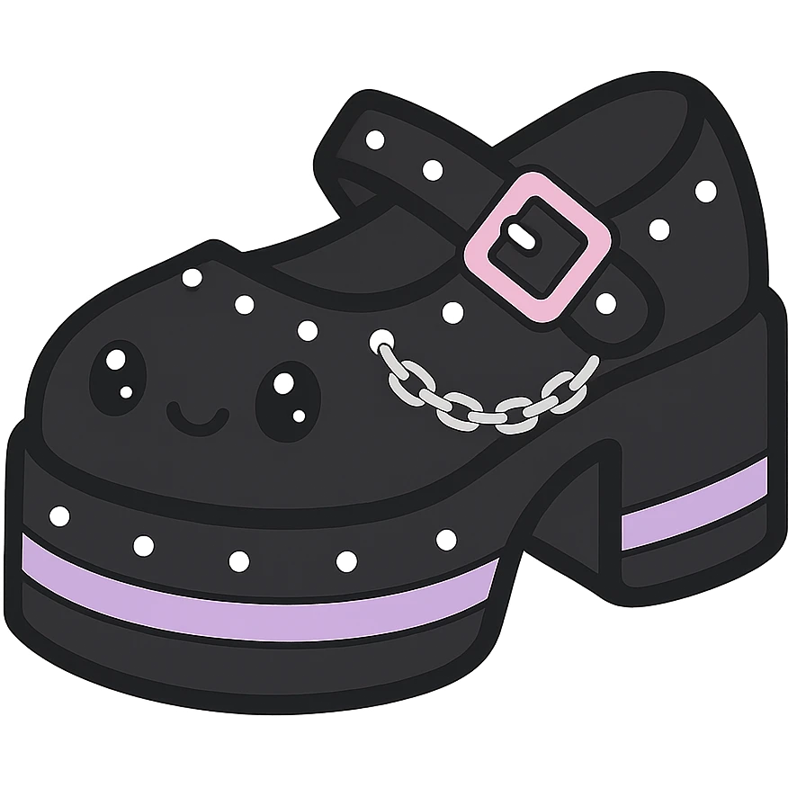 Add silver studs and chains to the primarily black kawaii gothic shoes with pink and pastel accents, no socks, no hearts, transparent background emoji