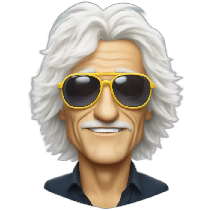 michel polnareff avec des lunettes de soleil blanches, des cheveux longs jaunes et raides, vieux, avec un costume bleu et expression de visage neutre emoji