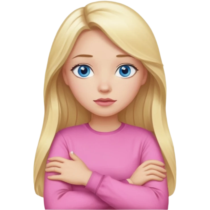 A girl with blue eyes, full lips and blonde long hair in a pink blouse shows no with her hands, crossing them emoji