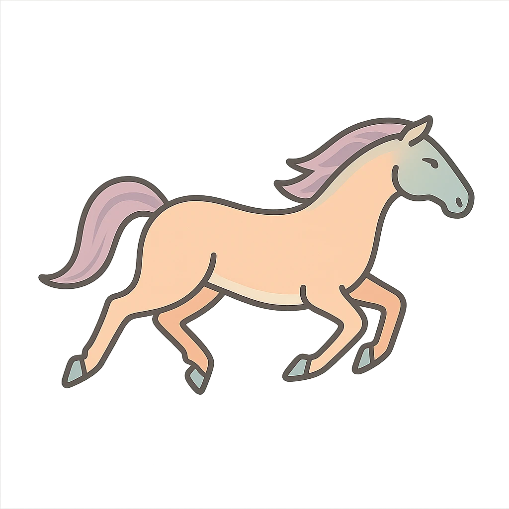 A horse in Chinese Eastern style with thin clean contours and soft rounded shapes. The pose is like the reference with all four legs in a jump, none touching the ground. Use a pastel palette with colors #98B5BC, #B5B3C1, #C9A3C9, #E4C0CA, #F7DCD1, #F7C0AA. Include detailed shadows and highlights with soft lighting. The background is transparent. The style is less cute and without decorative elements. emoji