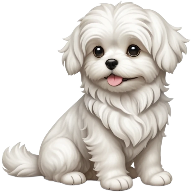 detailed-[wavy haired maltese-dog]-realistic-full-body-sitting-emoji,-tail-resting-loosely-beside-its-paws,-head-tilted-dramatically,--wavy-[white]-fur,-simplified-yet-realistic-focused-features,-highly-detailed,-glowing-with-an-almost-sarcastic emoji