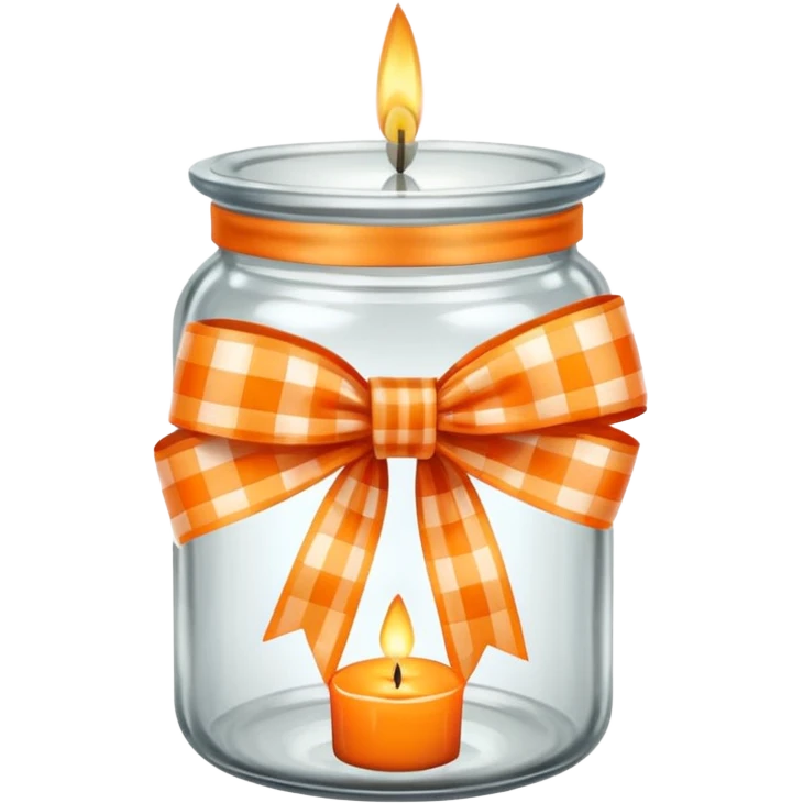Glass jar with a candle in it and an orange checkered ribbon emoji