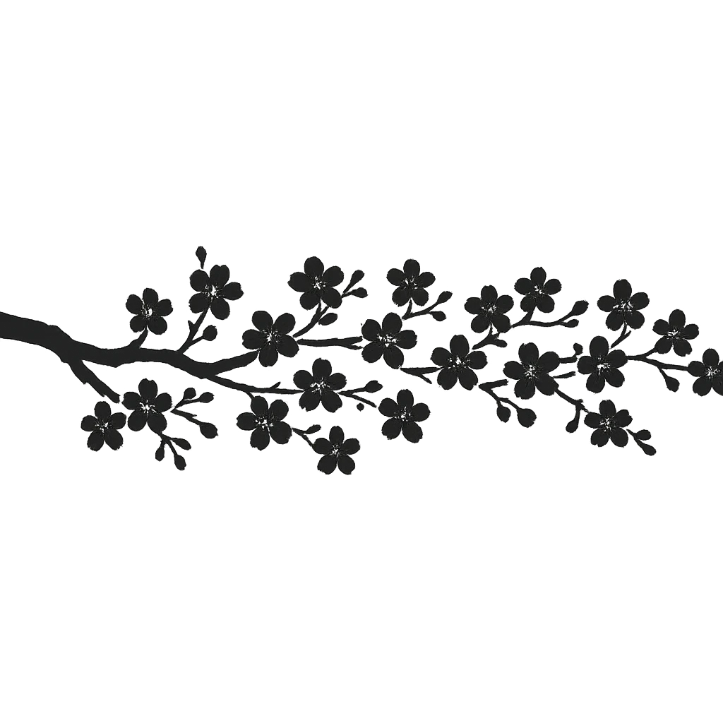 long sakura branch with solid fill, monochrome, many small flowers, eastern style, no background, for sign decoration, 1200x100px emoji