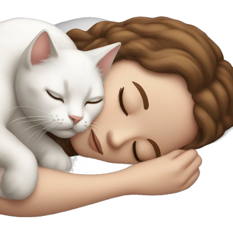 White girl brown hair sleeping with white kitty emoji