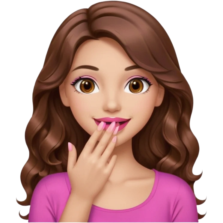 girl with long wavy brown hair, brown eyes, long lashes makeup, sexy pink lips, light to medium complexion, pink sexy top, smiling, hand covering  emoji