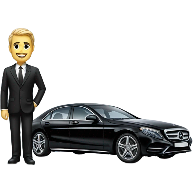 Businessman standing in front of Mercedes emoji