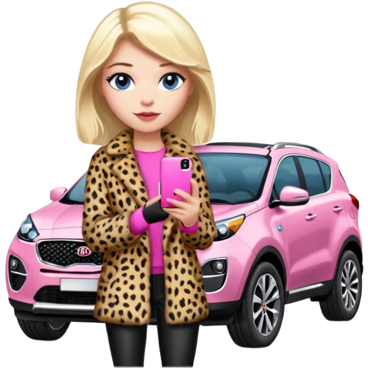 a blondie queen Arina in a leopard fur and pink iPhone 16 on her kia Sportage white car. blue eyes emoji
