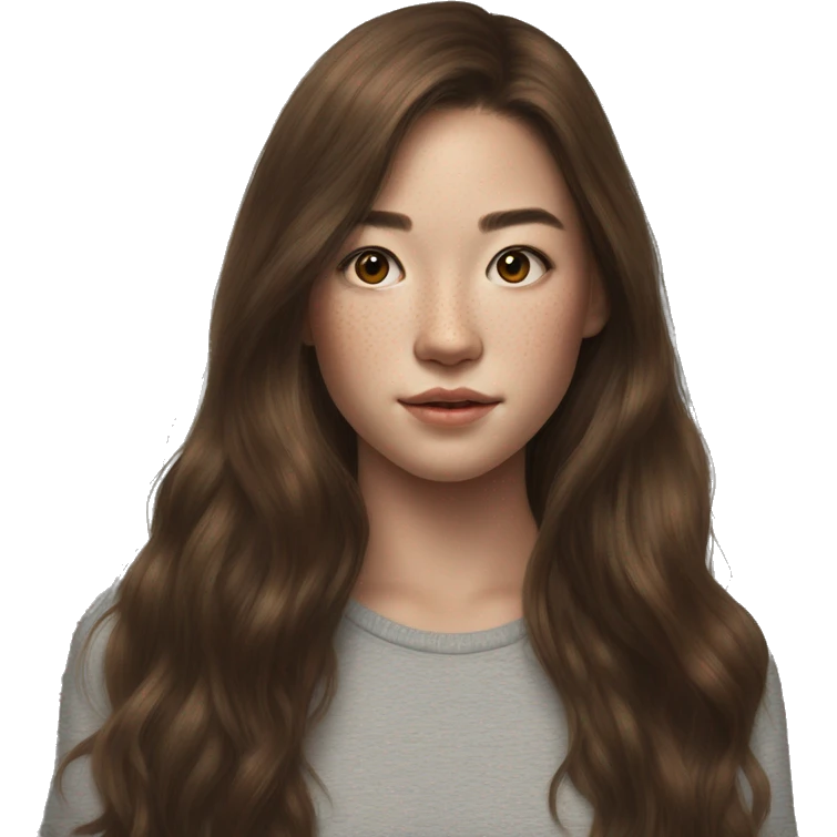 Megan Nakata long brown hair teenager, freckles, hyperreal, photoreal portrait emoji