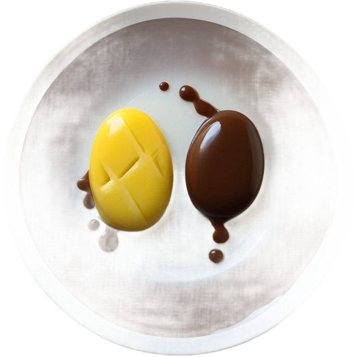 Chocolate and vanilla quenelle on glass plate with 3 drops of pineapple sauce emoji