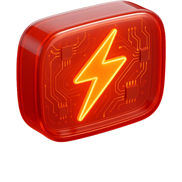 YouTube logo centered on red background with a stylized electric lightning bolt inside, glossy circuit style emoji