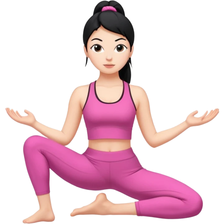 Una chica blanca con pelo negro recogido en una coleta haciendo yoga con un traje rosa  emoji