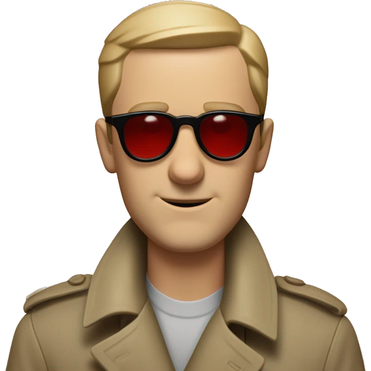 <excerpt>
A 1930s white man with real buzz cut Black hair, beard stubble donning tiny red tinted sun glasses in a dirty tan trench coat, is serious.
</excerpt> emoji