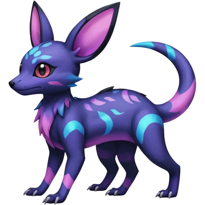 Rare epic aesthetic iridescent spooky gloomy colorful Salandit-Umbreon-Eevee-Genet-species-Fakemon-hybrid-creature, with markings, full body emoji