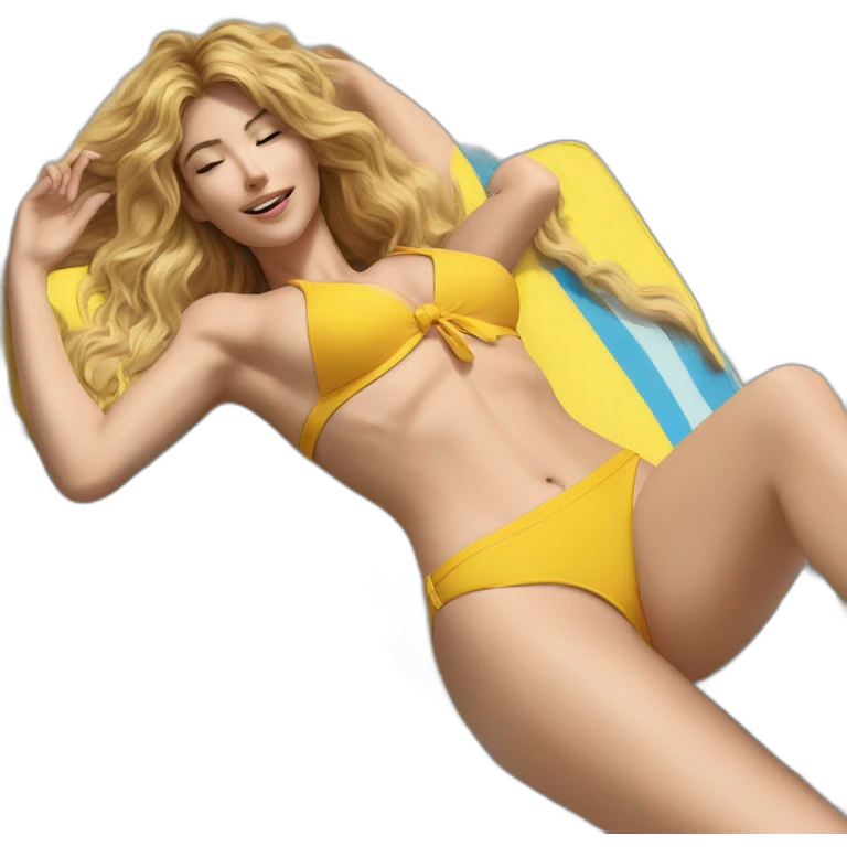 Sexy pose soft-fit Caucasian woman yellow bikini (beach body) bed emoji