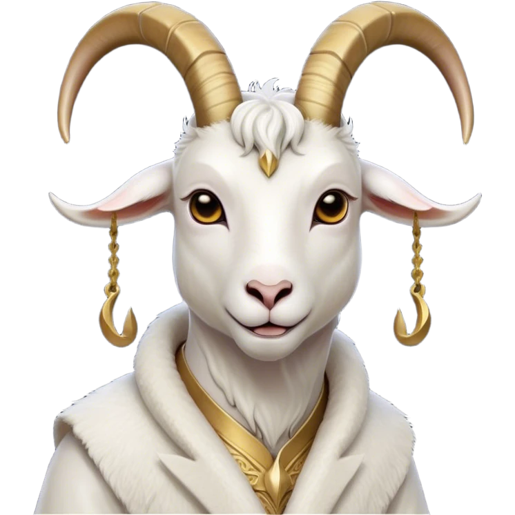 Cinematic Noble White Goat Portrait Emoji, Poised and regal, with a sturdy, agile build and a pristine, smooth white coat accented by gracefully curved horns, deep-set soulful dark eyes, Simplified yet sharp and sophisticated features, highly detailed, glowing with a soft, dignified glow, high shine, intelligent and spirited, stylized with an air of pastoral elegance, focused and attentive, soft glowing outline, capturing the essence of a watchful and confident goat, so majestic it feels as though it could leap out of the screen with effortless authority! emoji