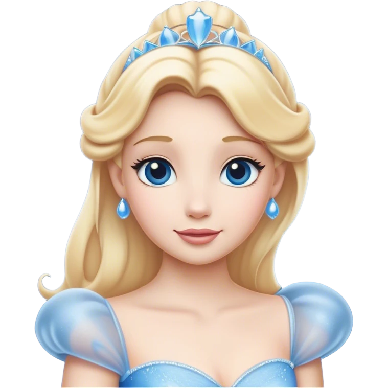 Cinematic Timeless Cinderella Portrait Emoji, rendered in a realistic, simplified vector style. Depict a classic Cinderella with delicate fair skin, beautifully styled blonde hair, and a calm, content expression, dressed in her iconic gown. The design is highlighted by a soft glowing outline and gentle, enchanting luminosity, capturing the essence of pure fairy-tale elegance. emoji