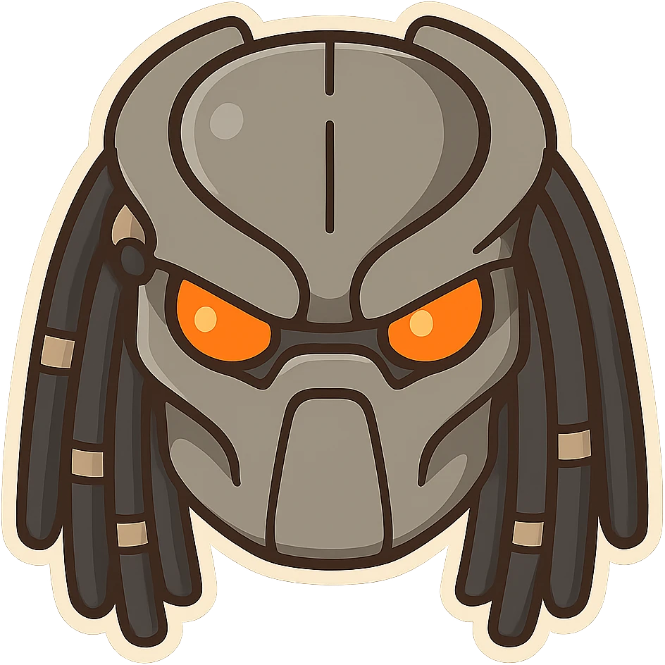 Chibi Yautja (Predator) mask with an angry expression, simplified and bold for emoji use, clear outline, minimal detail, large eyes, no background emoji