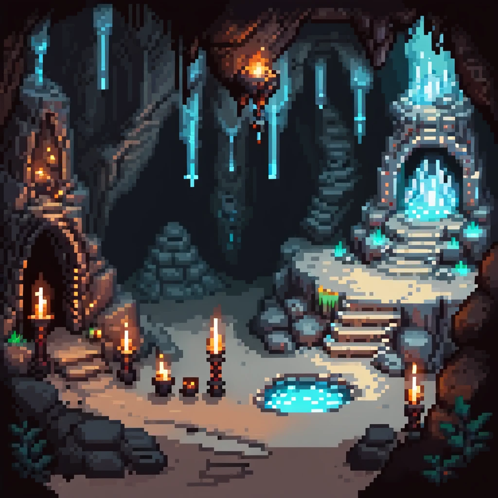 cave dungeon with torches, stalactites, and glowing crystals emoji