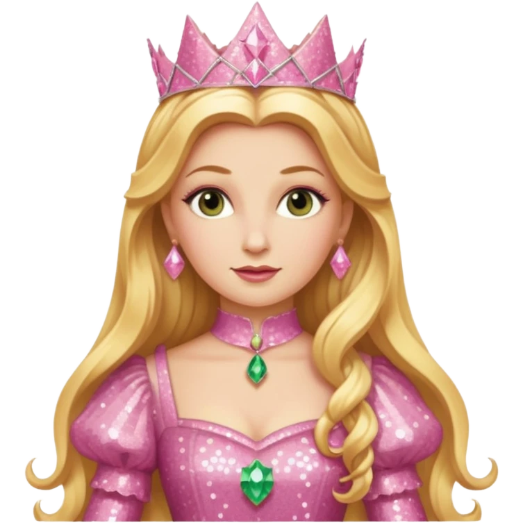 Glinda from The Wizard of Oz with long golden blonde hair, pink sequin outfit emoji