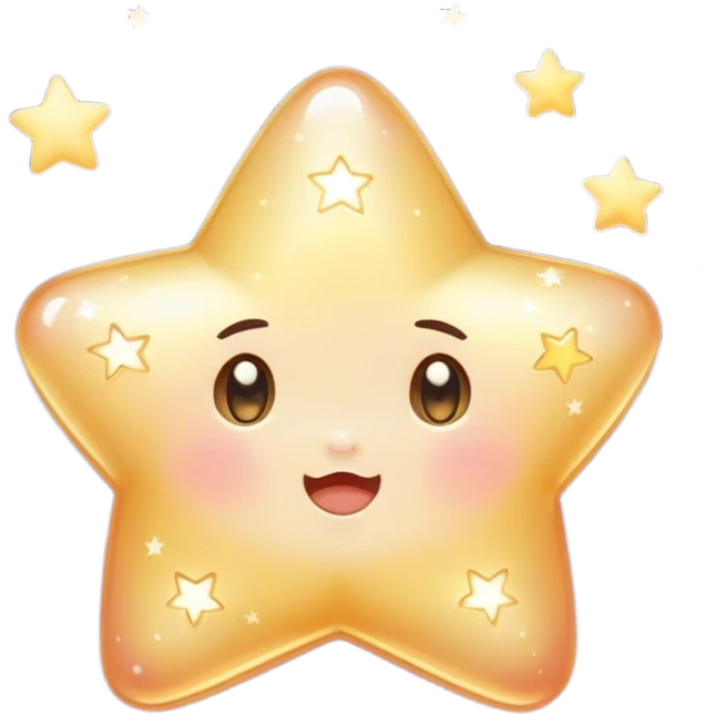 Cinematic cute sparkling star, chubby rounded edges, golden glow, tiny blushing cheeks, warm and gentle shine, twinkling softly in a pastel night sky. emoji