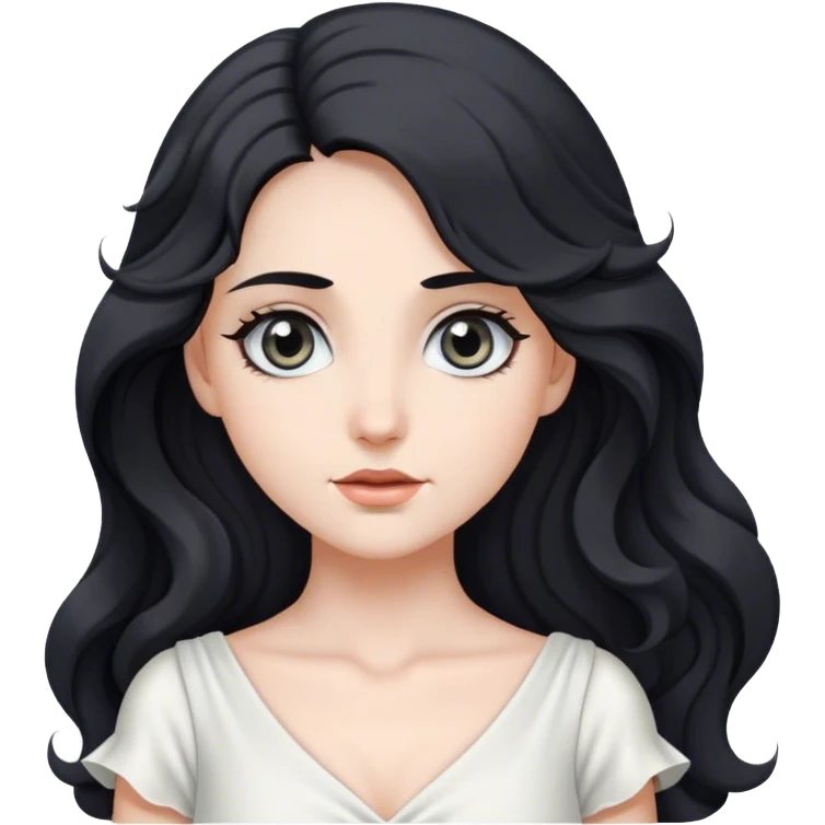 She has long, wavy black hair that frames her face elegantly. Her eyes are big and gray, adding to her captivating appearance. She is wearing a white dress that complements her fair complexion. She is striking a pose slightly diagonally, enhancing her graceful look. emoji