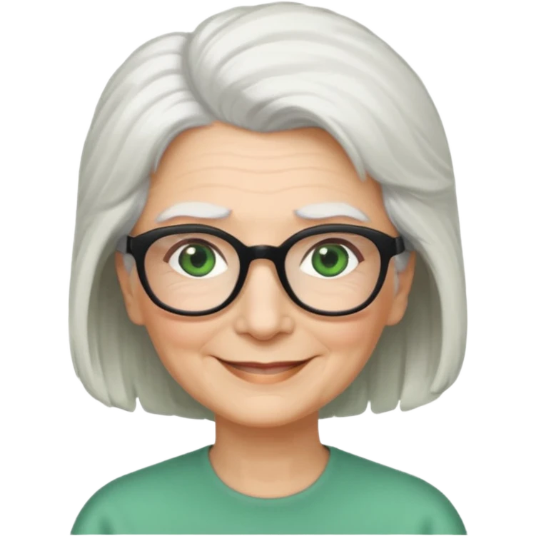 White hair grandma, green eyes, hair to shoulder, lokeg black glasses, rectangles face, smile , emoji