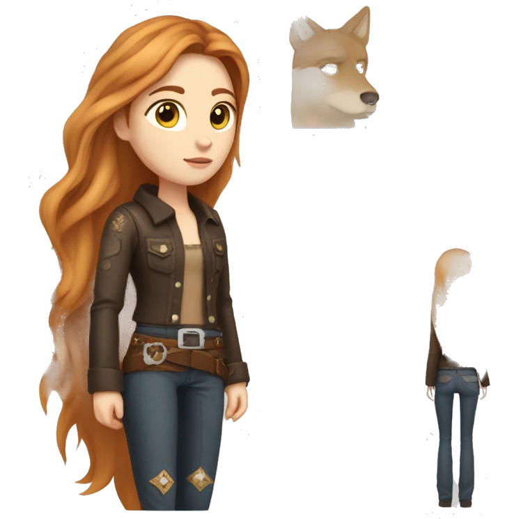 White fair skin, long hair, woman, feminine, straight hair in a wolf haircut, ginger coloured hair, beautiful, British, stylist, aesthetic, side and bangs, sensual looking, full body, complete body figure,slim, she’s wearing a cowboy outfit emoji