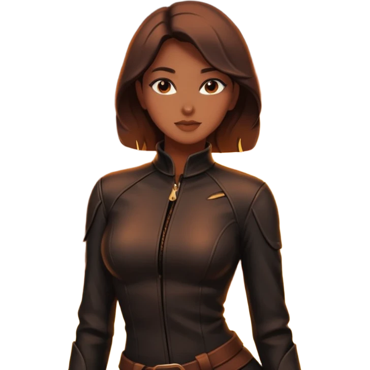 Female silhouette in tight leather, backlit by firelight, slow controlled posture emoji