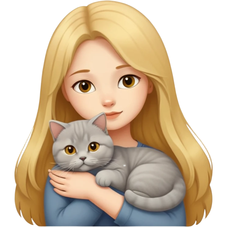 A long-haired girl hugs a gorgeous golden shaded British Shorthair." emoji
