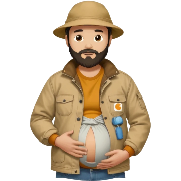 Bearded man rubbing pregnant belly poking out of shirt wearing a tan canvas carhartt jacket with  chinese hat on emoji