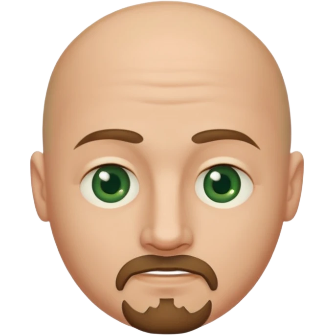 white caucasian bald man's face, with brown  round goatee and dark green eyes, oval face, rounded, big, little eyes a small smile,  emoji