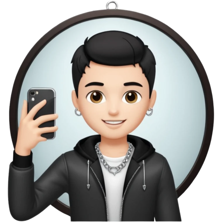 generate a pretty bratz fair skinned boy with short black hair taking a mirror selfie emoji