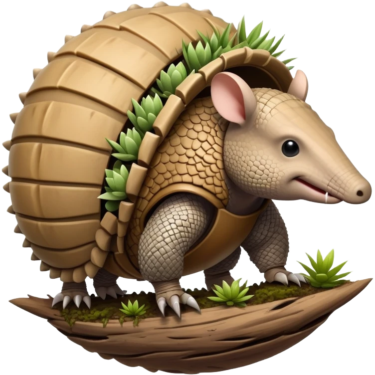 An armadillo with bark-like armor plates and a small ecosystem of plants growing on its back. It can roll into a perfect sphere that sprouts defensive thorns. emoji