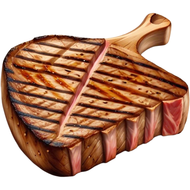 Cinematic thick-cut t-bone steak, perfectly seared with grill marks, a grilled center, rich and savory, warm glow, sizzling and mouthwatering, highly detailed and appetizing. emoji