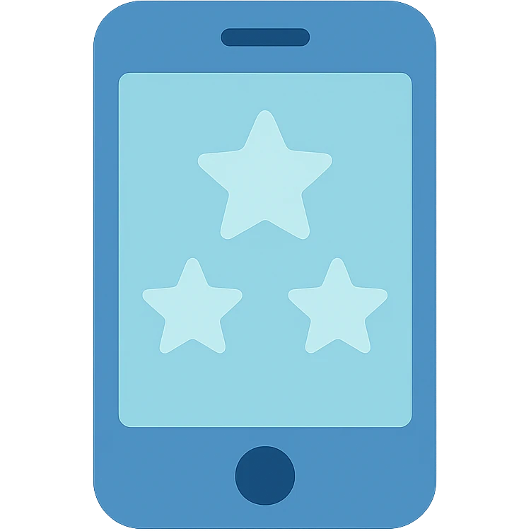 Smartphone icon with three stars inside the screen, flat emoji style, outline with blue and turquoise colors, white background emoji