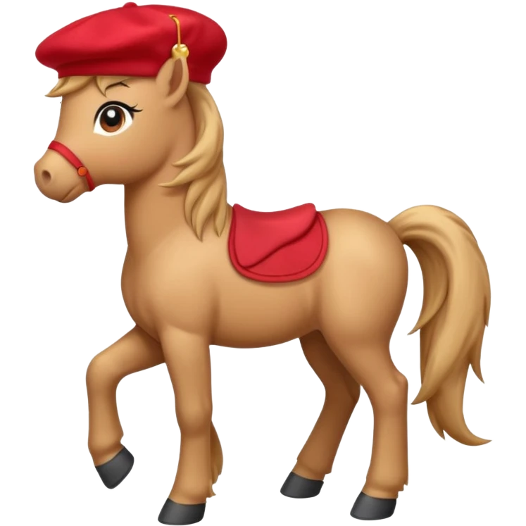 Adorable cartoon pony (small horse) emoji, full body, standing in profile view facing sideways. It has big, sparkling eyes and a friendly smile. It is wearing a cute red beret tilted to one side.  emoji