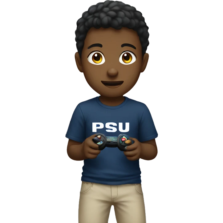 Kid wearing PSU shirt playing video games emoji
