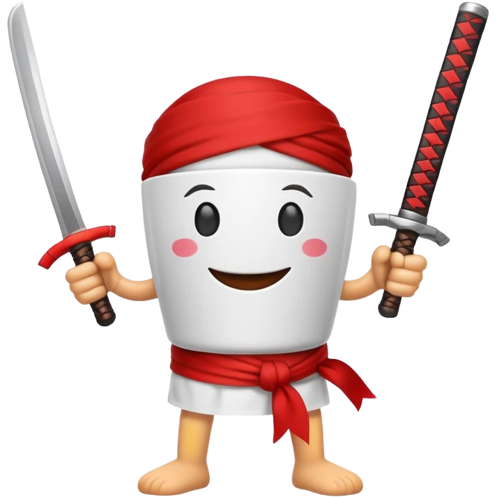 A coffee cup with arms and legs and a face that’s holding dual katanas with a bandana emoji
