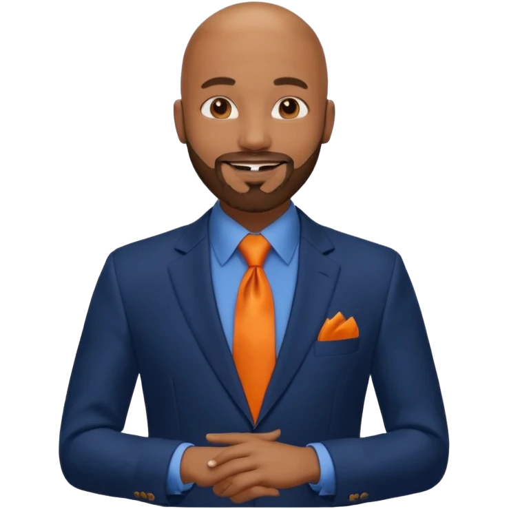 headshot of a sophisticated, stylish, bald head, smiling Caribbean black man with a beard and goatee in a navy blue suit, orange tie emoji