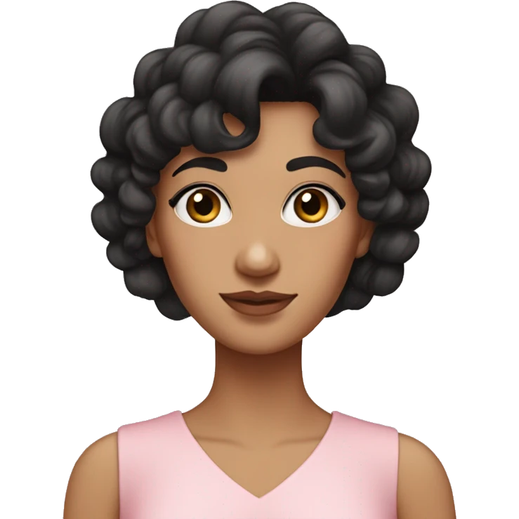 White woman with long black curly hair and bangs and dark brown eyes, wearing a pastel pink dress emoji